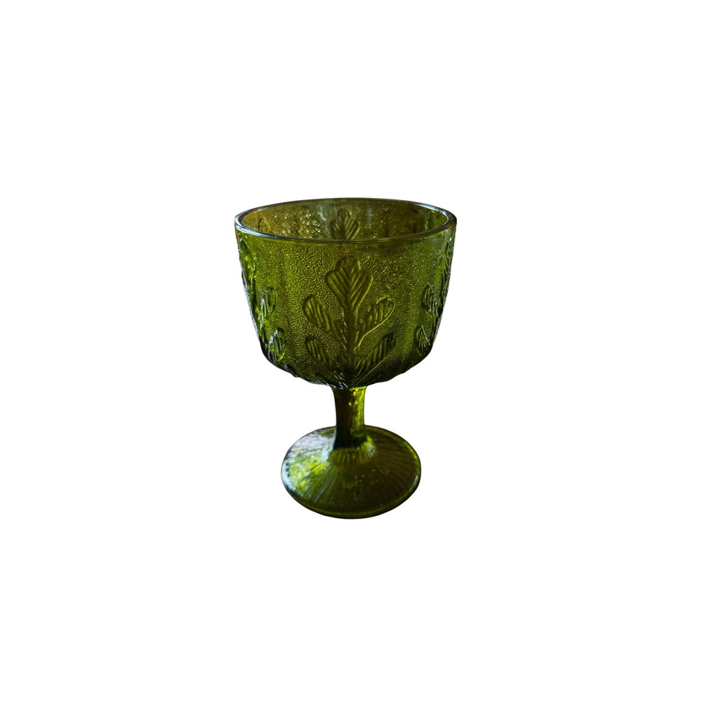 Vintage 1975 FTD Green Glass Oak Leaf Acorn Goblet Textured Chalice Vase